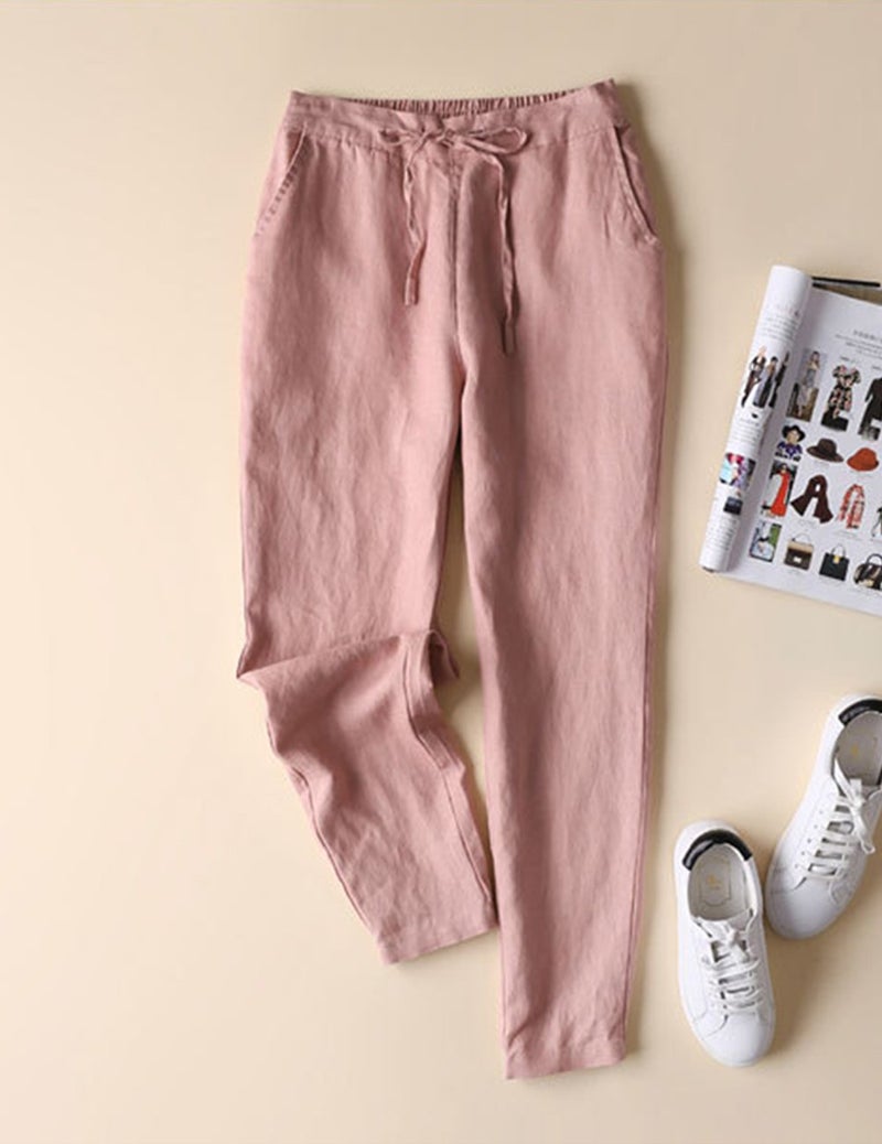 IXIMO Women's Tapered Pants 100% Linen Drawstring Back Elastic Waist Pants Trousers with Pockets Pink M - Image 2